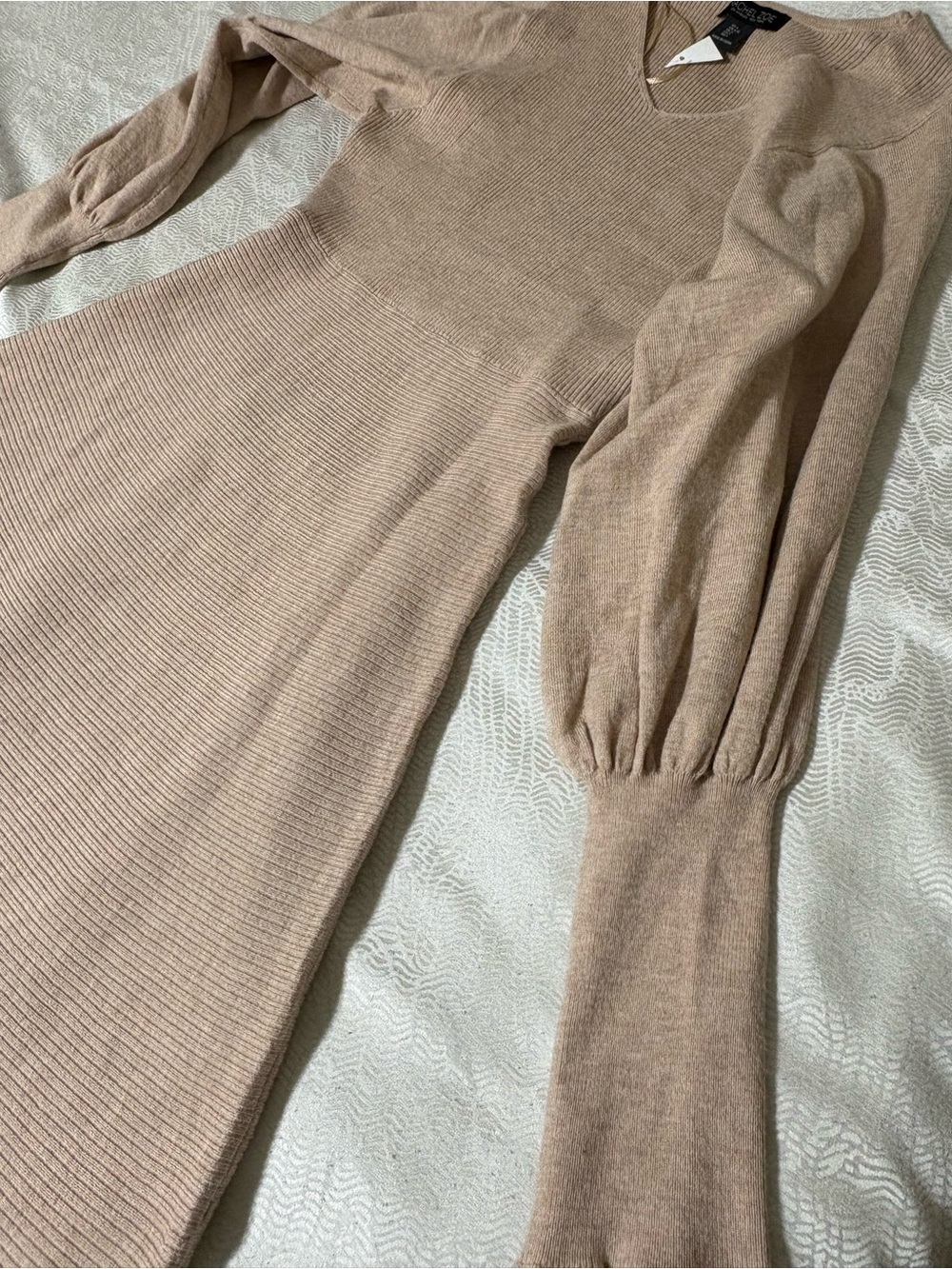 Rachel Zoe Puff-Sleeve Knit Dress in Beige Size L Short Dress - Picture 9 of 13